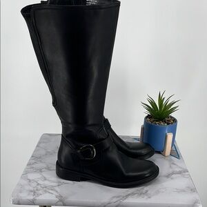 David Tate Branson Extra Wide Shaft Black Leather Tall Boots Moto Style Side Zip